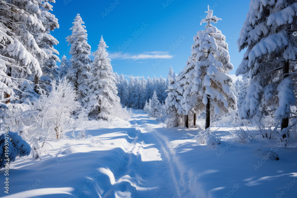 winter forest with snow-covered pine trees and a path between them. winter forest with snow-covered pine trees and a path between them.