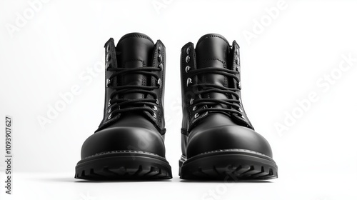 The shoes are black and have a black lace. They are standing on a white background. The shoes are well-made and look like they are made for hiking