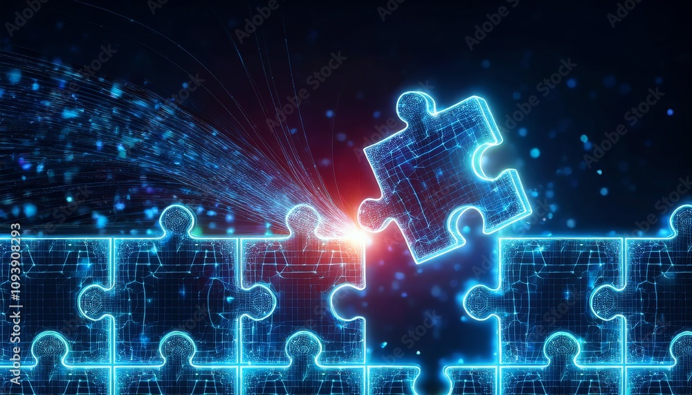 A glowing puzzle piece is being inserted into a digital puzzle, symbolizing problem-solving and connection in a tech-inspired environment. A glowing puzzle piece is being inserted into a digital puzzle, symbolizing problem-solving and connection in a tech-inspired environment.