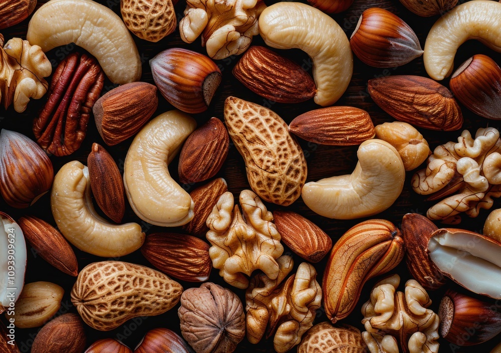 Assorted nuts including almonds, walnuts, cashews, and hazelnuts scattered on a dark surface. Healthy eating and snack concept. Assorted nuts including almonds, walnuts, cashews, and hazelnuts scattered on a dark surface. Healthy eating and snack concept.