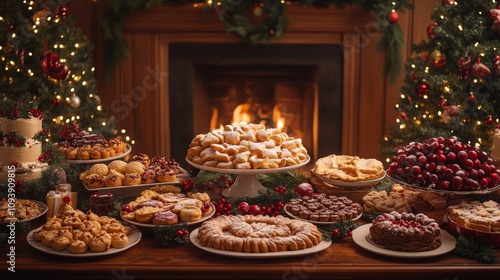 Wallpaper Mural Festive Christmas dessert table with cookies, cakes, and fruit near a fireplace. Torontodigital.ca