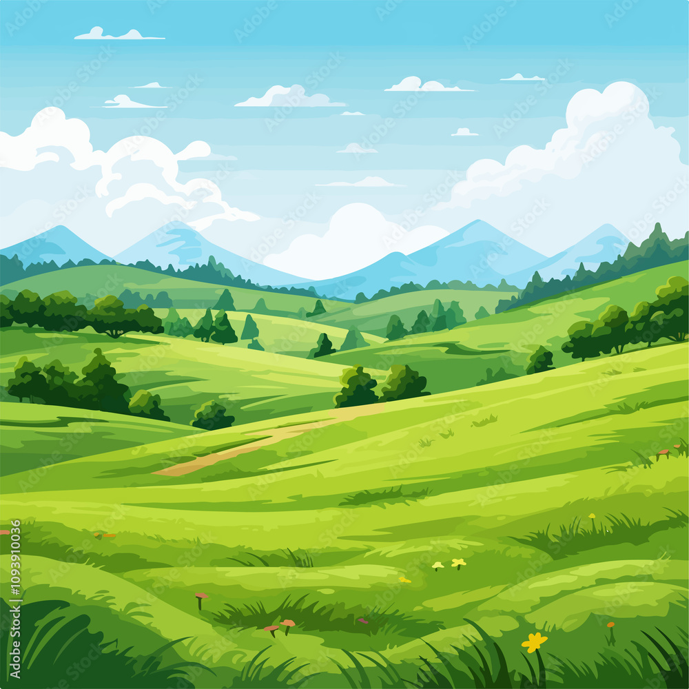 Peaceful Green Field with Rolling Hills and Trees Background Peaceful Green Field with Rolling Hills and Trees Background