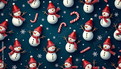 A cheerful seamless pattern featuring cute snowmen with red hats and scarves, candy canes, and snowflakes on a dark blue background, perfect for holiday designs and winter themes.
