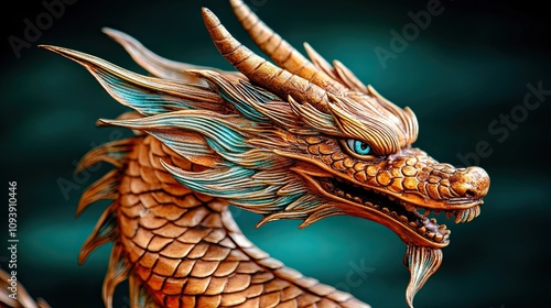 Magnificent dragon sculpture showcasing intricate details and vibrant colors, set against a dark background photo