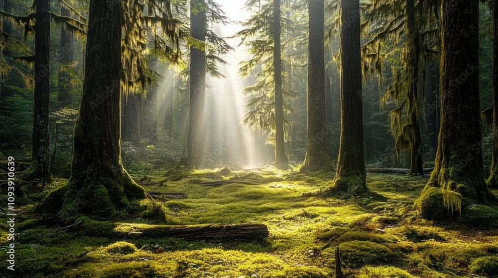Obraz premium Sunbeams in the Emerald Forest: A Mystical Scene