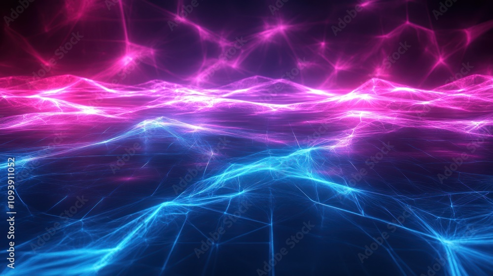 Abstract digital landscape featuring vibrant pink and blue flowing waves. Abstract digital landscape featuring vibrant pink and blue flowing waves.