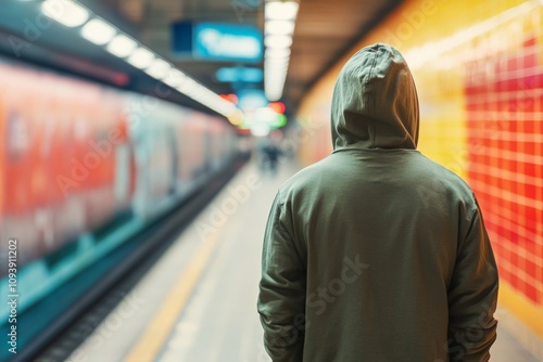 Anti-Tracking Surveillance A person in a hooded jacket stands at a subway platform, facing away from the camera, with colorful train and wall behind.