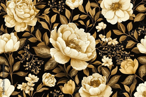 Elegant floral pattern featuring golden peonies and delicate blossoms on a dark background, ideal for textile design and wallpaper. photo