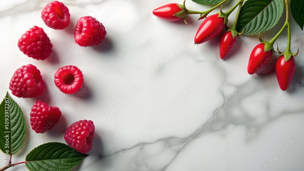 Fresh Raspberries and Rose Hips on Marble Fresh Raspberries and Rose Hips on Marble