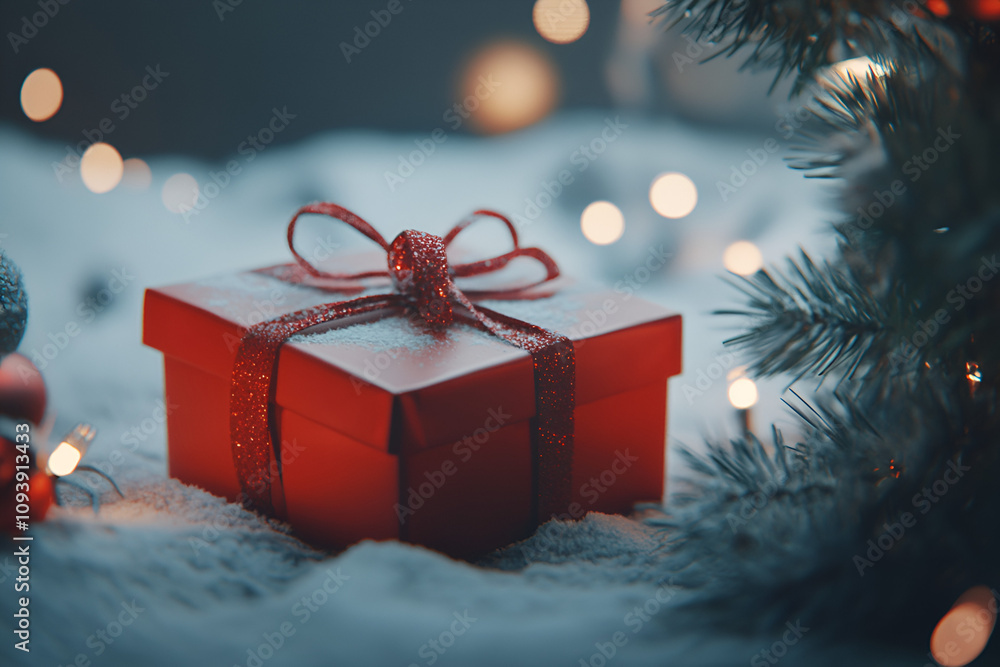 Gifting joy festive red present under christmas tree indoor setting decoration warm ambiance holiday spirit Gifting joy festive red present under christmas tree indoor setting decoration warm ambiance holiday spirit