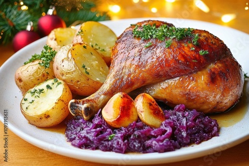 Festliches Weihnachtsessen Gebratene Ente mit Kartoffeln Rotkohl und karamellisierten Äpfeln photo