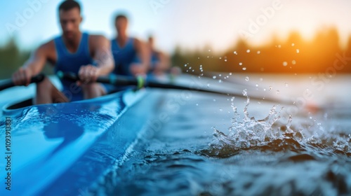 team rowing on a calm lake during sunset