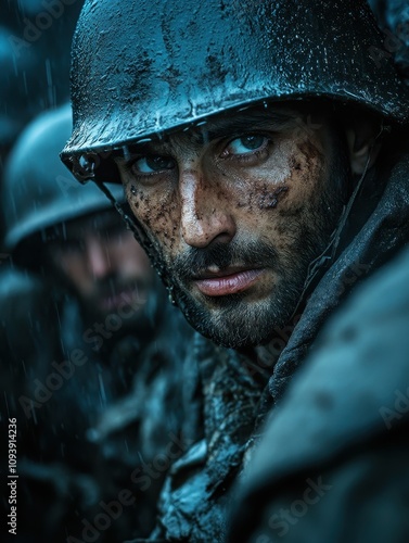 Soldier in a trench during a rainy night facing the realities of battle and hardship photo