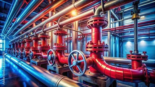 Wallpaper Mural Long Exposure of an Industrial Pipeline System with Red Valves, Showcasing the Flow of Fluids and Complex Machinery in an Urban Setting, Perfect for Engineering and Technology Themes Torontodigital.ca