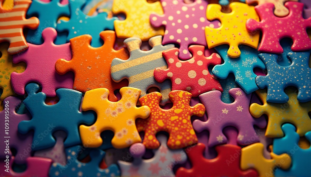 A vibrant arrangement of colorful puzzle pieces with a bokeh-style abstract texture, perfect for concepts of teamwork, problem-solving, creativity, or fun designs. A vibrant arrangement of colorful puzzle pieces with a bokeh-style abstract texture, perfect for concepts of teamwork, problem-solving, creativity, or fun designs.