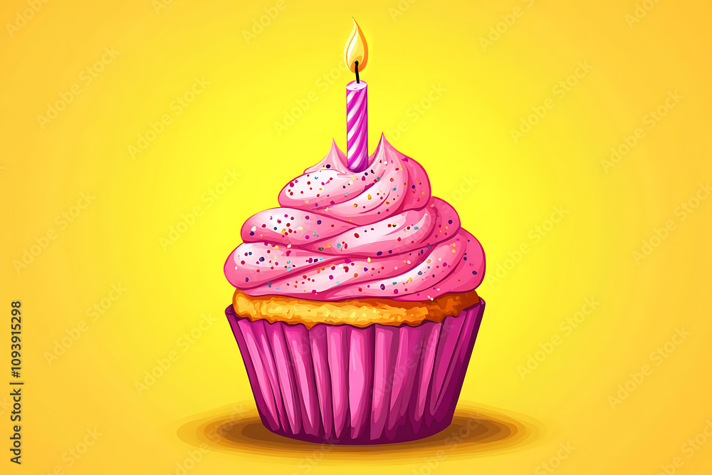 A colorful cupcake with pink frosting and a candle on top, set against a bright yellow background. A colorful cupcake with pink frosting and a candle on top, set against a bright yellow background.
