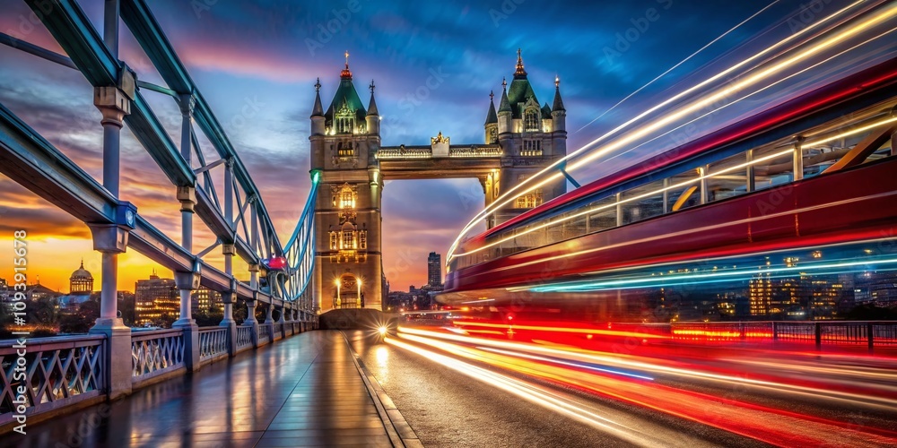 Obraz premium Long Exposure of London Travel Cards at Night with Iconic Red Buses and Historic Landmarks, Capturing the Essence of the City’s Vibrant Transportation Scene