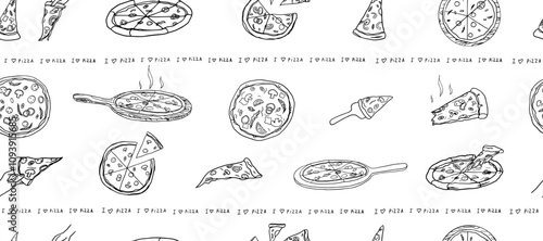 Seamless pattern of pizza, Italian cuisine, slice of pizza and satisfied cook. Pizza time. Pizza lover. Doodle style. Hand drawn. Great for menu design, banners, packaging. Vector illustration EPS10