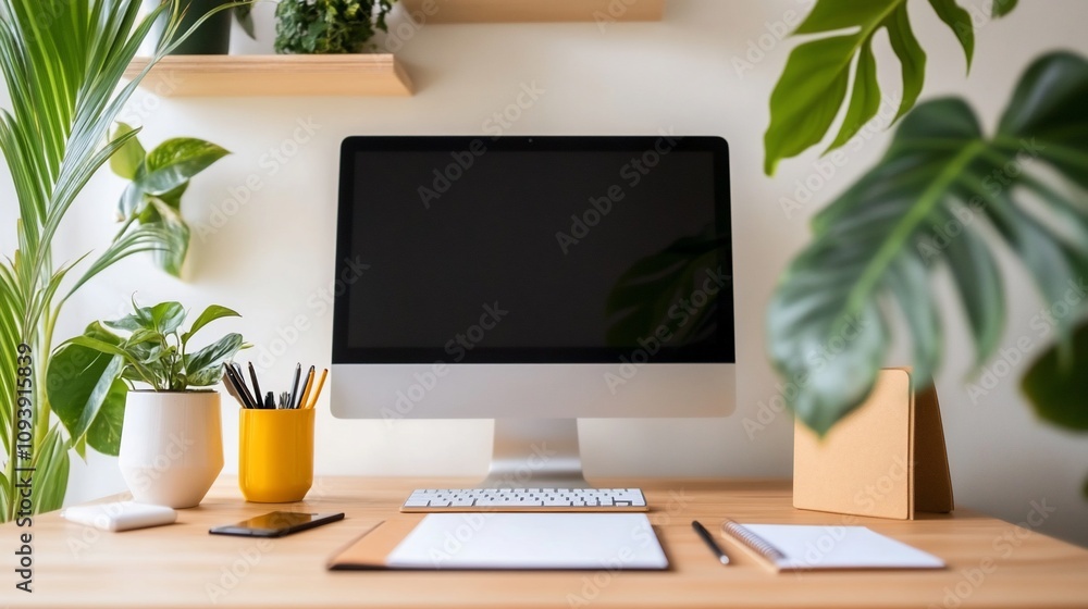 Flat Lay of a Modern Home Office with a Computer, Notepad, and Work Essentials Flat Lay of a Modern Home Office with a Computer, Notepad, and Work Essentials