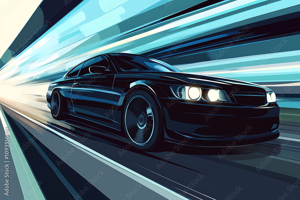 A sleek black car speeding through a dynamic, colorful background, illustrating motion. A sleek black car speeding through a dynamic, colorful background, illustrating motion.