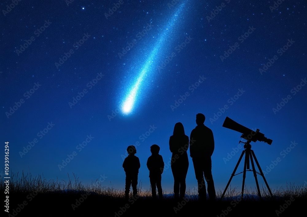 Family Silhouetted Against Starry Night Sky with Comet Observation Family Silhouetted Against Starry Night Sky with Comet Observation