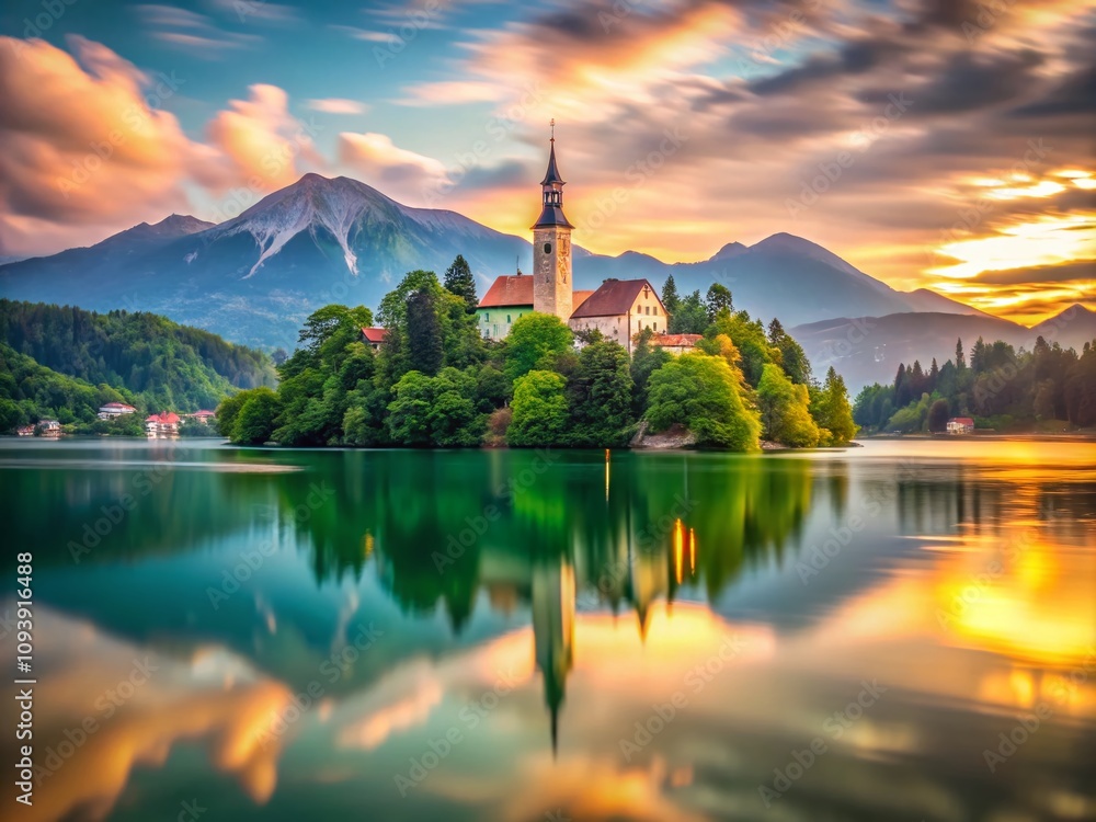 Fototapeta premium Long Exposure Serenity at Lake Bled: Captivating Reflections and Enchanting Scenery of Slovenia’s Iconic Destination Surrounded by Majestic Mountains and Lush Greenery