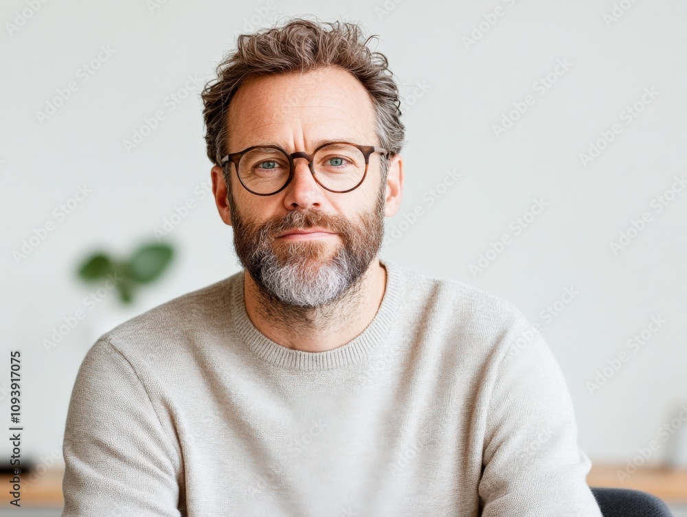 confident man with glasses in a casual sweater looking at the camera confident man with glasses in a casual sweater looking at the camera