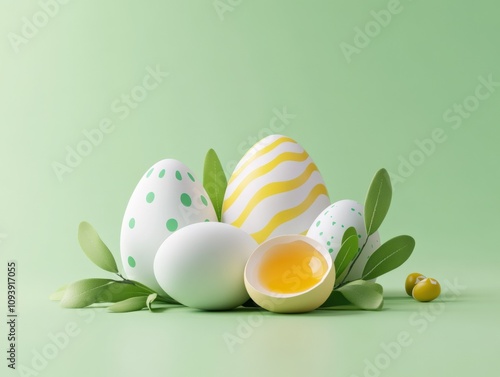 colorful easter eggs arranged with greenery on a soft background photo