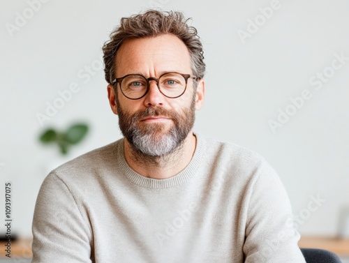 confident man with glasses in a casual sweater looking at the camera