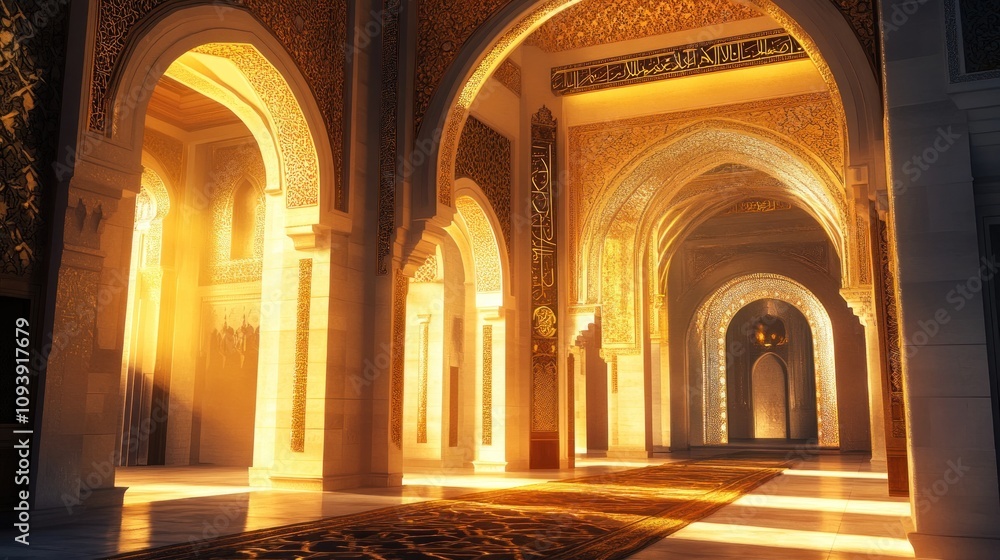 Fototapeta premium Elaborate mosque archway with geometric designs, golden calligraphy, warm lighting 