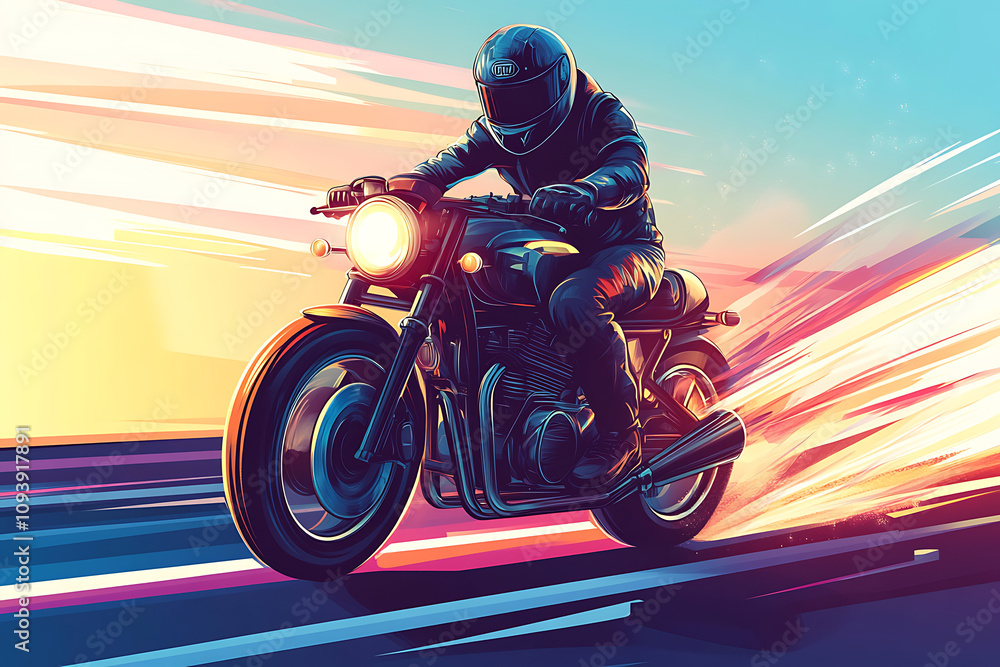 A dynamic illustration of a motorcyclist speeding on a road at sunset. A dynamic illustration of a motorcyclist speeding on a road at sunset.