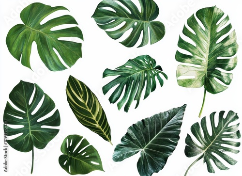 A collection of tropical leaves isolated on a white background.