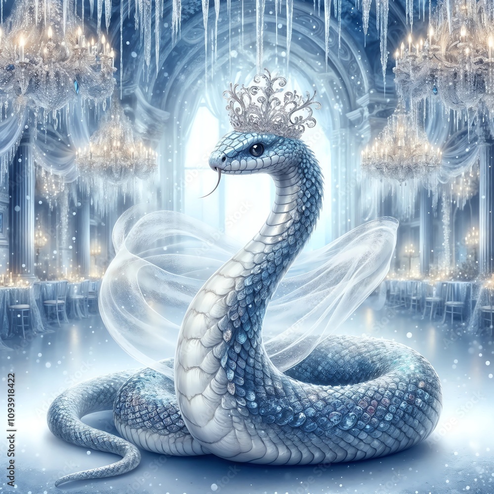 Fototapeta premium A graceful snake with scales shimmering in icy blue and silver, wearing a delicate crown and a flowing, translucent cape. An elegant ballroom decorated with icicles and chandeliers.