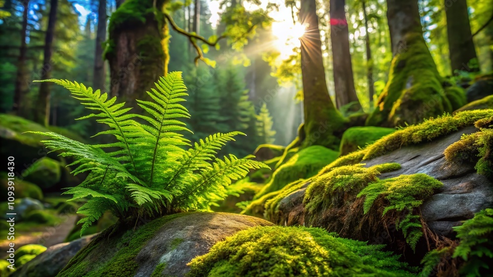 Lush Fern and Moss on a Rock in an Ecologically Clean Natural Setting, Highlighting Nature's Beauty and Serenity for Eco-Friendly Spaces Lush Fern and Moss on a Rock in an Ecologically Clean Natural Setting, Highlighting Nature's Beauty and Serenity for Eco-Friendly Spaces