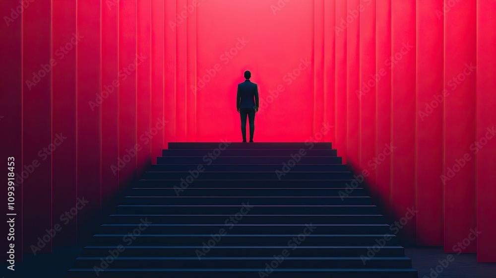 model modern photography and avant-garde, A solitary figure stands on steps surrounded by vibrant red walls, creating a dramatic and contemplative atmosphere. model modern photography and avant-garde, A solitary figure stands on steps surrounded by vibrant red walls, creating a dramatic and contemplative atmosphere.