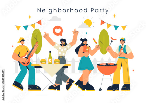 Neighborhood Events Vector Illustration featuring Friends and Family Celebrating Holidays with an Outdoor Party, Local Food Festival, and a BBQ Table