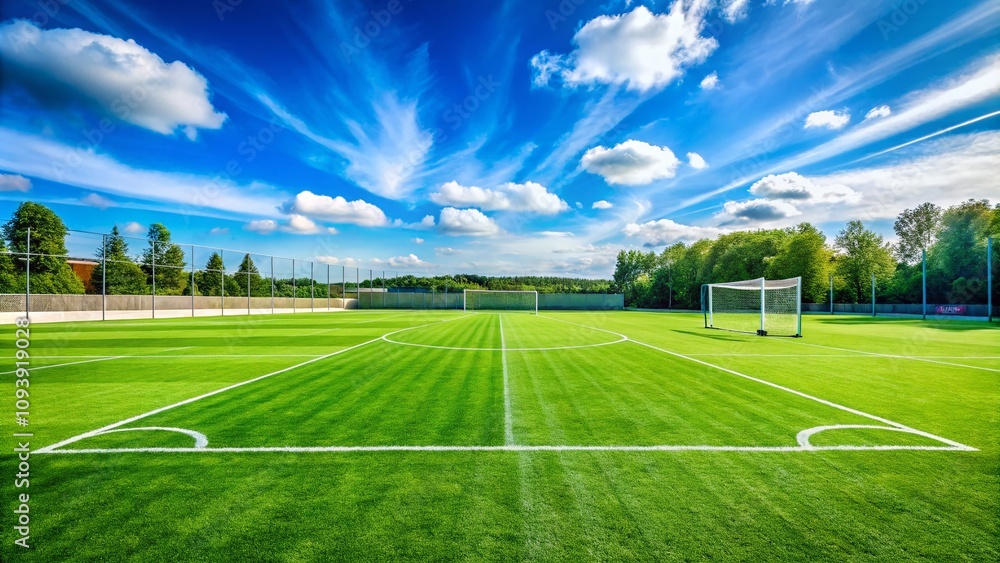 Fototapeta premium Lush Green Grass Soccer Field Under a Clear Blue Sky with Goalposts and White Lines, Capturing the Essence of Outdoor Sports and Community Engagement