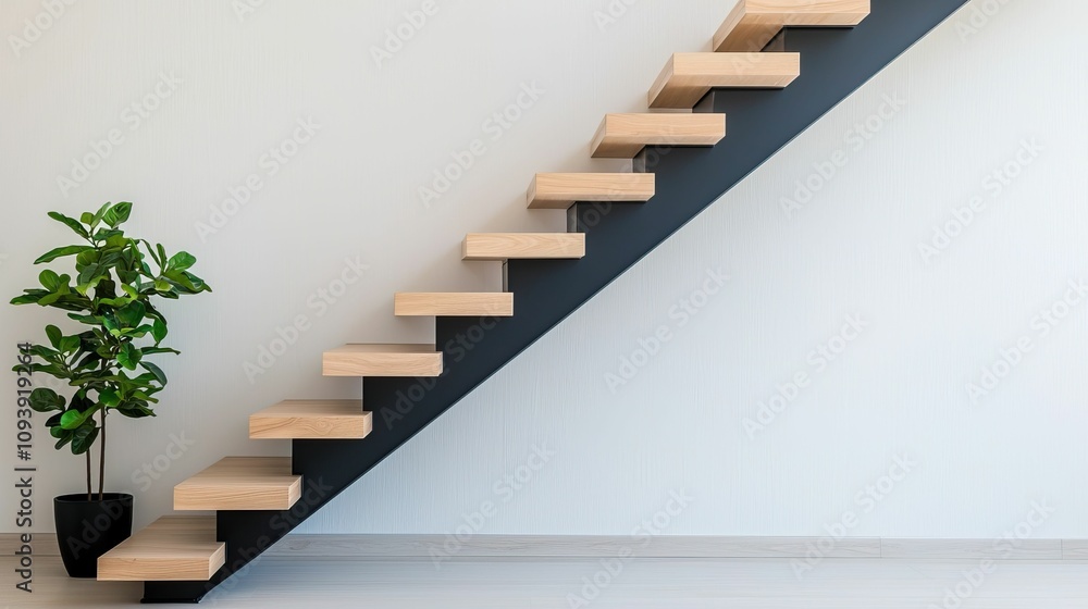 model modern photography and avant-garde, A modern staircase with wooden steps and a minimalist design, complemented by a potted plant against a plain wall. model modern photography and avant-garde, A modern staircase with wooden steps and a minimalist design, complemented by a potted plant against a plain wall.