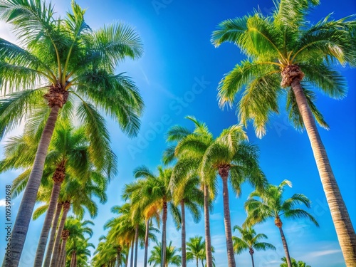 Wallpaper Mural Lush Palm Trees Stretching Toward a Clear Blue Sky with Copy Space for Creative Uses in Nature, Travel, and Tropical Themes Torontodigital.ca