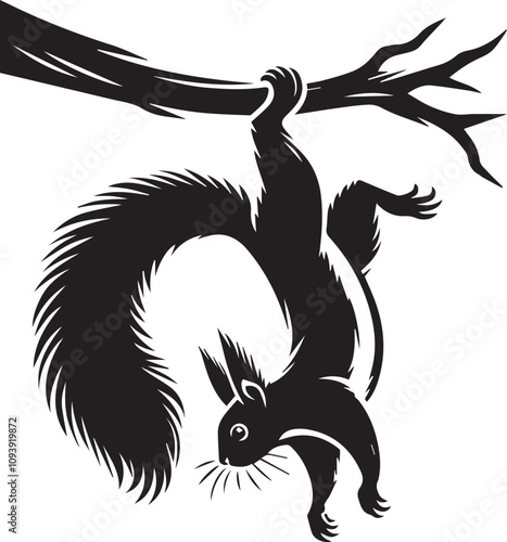 A squirrel hanging upside down on a branch silhouette vector