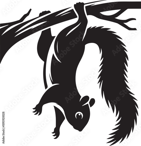 A squirrel hanging upside down on a branch silhouette vector