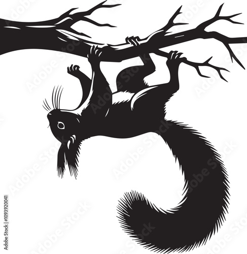 A squirrel hanging upside down on a branch silhouette vector