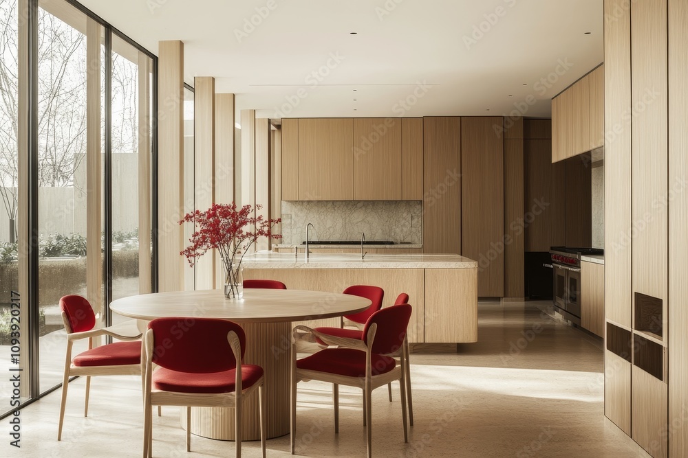 Modern kitchen with wooden cabinets, a round dining table, red chairs, and large windows. Modern kitchen with wooden cabinets, a round dining table, red chairs, and large windows.