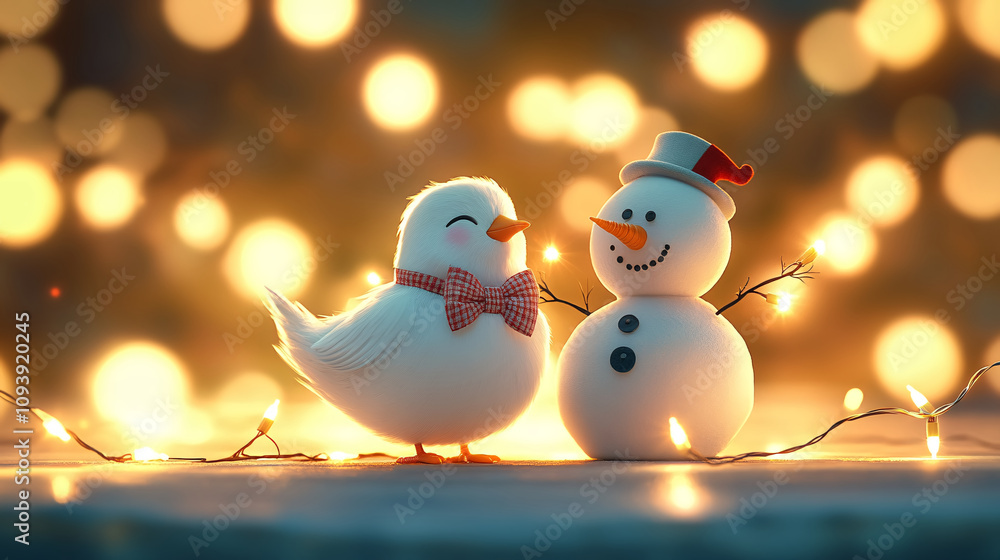 Obraz premium A giggling cartoon white dove wearing a festive bowtie and standing beside a tiny snowman with a carrot nose, both surrounded by glowing fairy lights in a magical holiday setting, copy space for text