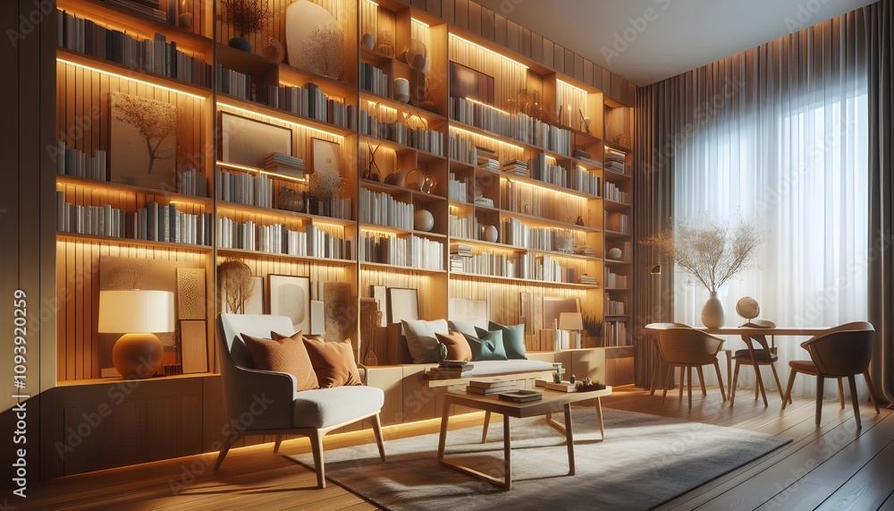 Modern, Well-Lit Library with Bookshelves Modern, Well-Lit Library with Bookshelves
