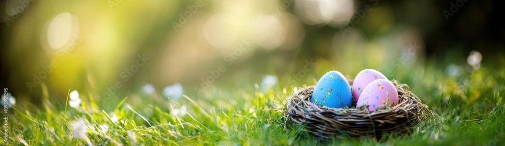 Easter Eggs in Woven Basket on Grassy Meadow in Spring - Seasonal Decoration and Nature Background Easter Eggs in Woven Basket on Grassy Meadow in Spring - Seasonal Decoration and Nature Background