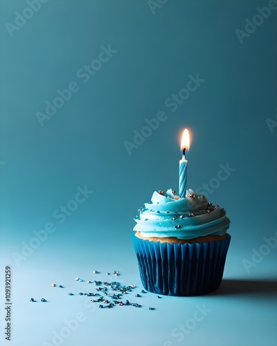 Single Blue birthday cupcake with a lit candle.