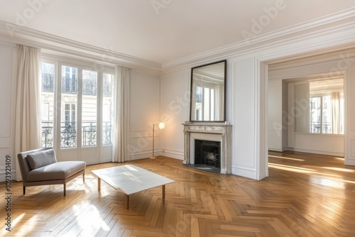 Wallpaper Mural Modern living room with fireplace, large windows, and hardwood floors. Torontodigital.ca