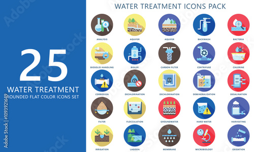 Water treatment rounded color icons set. contain analysis, aquifer, corrosion, filter, drain and more. Vector EPS 10 for print, digital UI, UX kit, web and app for industry, ecology and environment