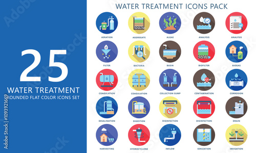 Water treatment rounded color icons set. contain analysis, aquifer, corrosion, filter, drain and more. Vector EPS 10 for print, digital UI, UX kit, web and app for industry, ecology and environment